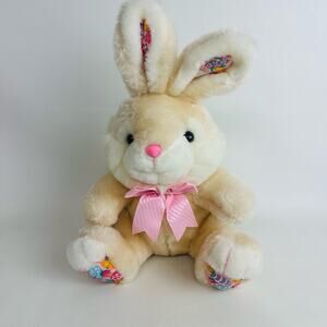 Cuddle Wit Bunny Rabbit Plush Stuffed Animal Tan White Pink Bow Egg Print ‎ 15”